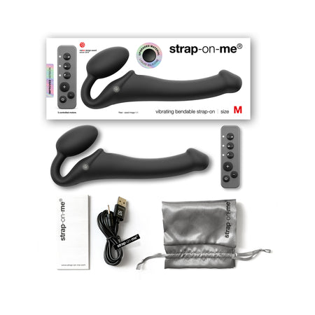 Strap-On-Me Rechargeable Remote-Controlled Silicone Vibrating Bendable Strap-On Black M-0